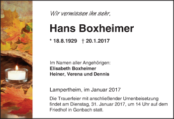 Traueranzeige von Hans Boxheimer von Trauerportal Echo Online
