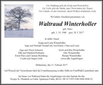 Traueranzeige von Waltraud Winterholler von VRM Trauer