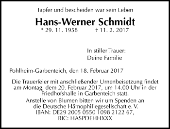 Traueranzeige von Hans-Werner Schmidt von  Gießener Anzeiger