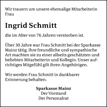 Traueranzeige von Ingrid Schmitt von Trauerportal Rhein Main Presse