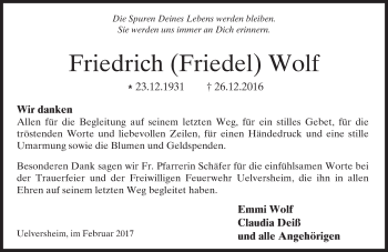 Traueranzeige von Friedrich Wolf von Trauerportal Rhein Main Presse