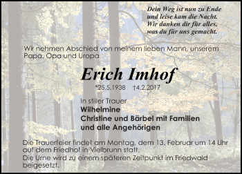 Traueranzeige von Erich Imhof von Trauerportal Echo Online