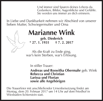 Traueranzeige von Marianne Wink von Trauerportal Rhein Main Presse