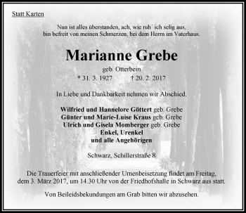 Traueranzeige von Marianne Grebe von VRM Trauer