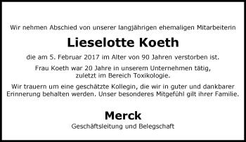 Traueranzeige von Lieselotte Koeth von Trauerportal Echo Online