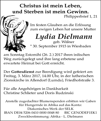 Traueranzeige von Lydia Dielmann von  Gießener Anzeiger