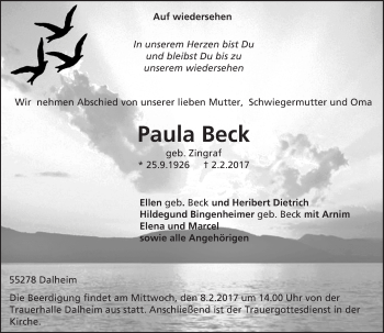Traueranzeige von Paula Beck von Trauerportal Rhein Main Presse
