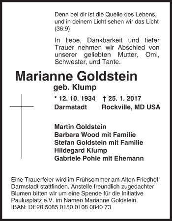 Traueranzeige von Marianne Goldstein von Trauerportal Rhein Main Presse