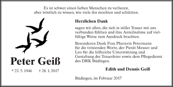 Traueranzeige von Peter Geiß von  Kreisanzeiger