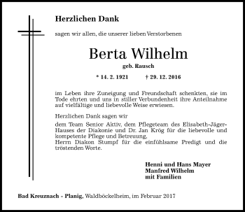 Traueranzeige von Berta Wilhelm von Trauerportal Rhein Main Presse
