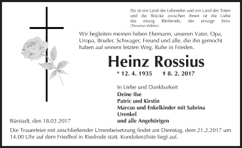 Traueranzeige von Heinz Rossius von Trauerportal Echo Online
