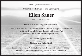 Traueranzeige von Ellen Sauer von VRM Trauer