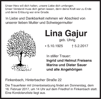 Traueranzeige von Lina Gajur von Trauerportal Echo Online