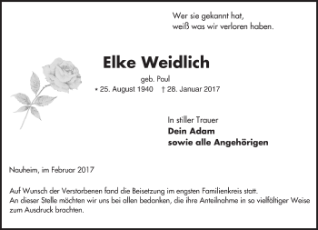 Traueranzeige von Elke Weidlich von Trauerportal Rhein Main Presse