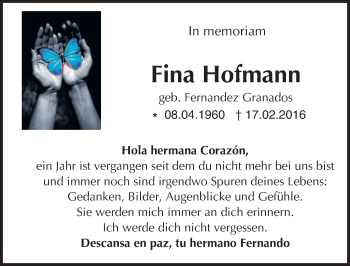 Traueranzeige von Fina Hofmann von Trauerportal Echo Online