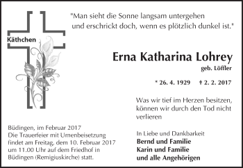 Traueranzeige von Erna Katharina Lohrey von  Kreisanzeiger