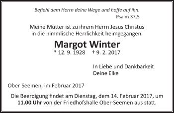 Traueranzeige von Margot Winter von  Kreisanzeiger