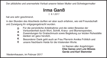 Traueranzeige von Irma Ganß von Trauerportal Echo Online