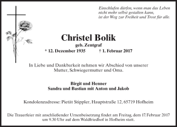 Traueranzeige von Christel Bolik von Trauerportal Rhein Main Presse