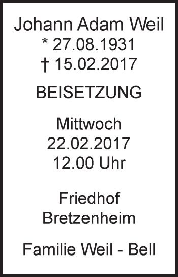 Traueranzeige von Johann Adam Weil von Trauerportal Rhein Main Presse