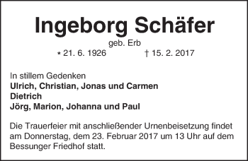 Traueranzeige von Ingeborg Schäfer von Trauerportal Echo Online