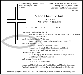 Traueranzeige von Marie Christine Kuhl von  Gießener Anzeiger