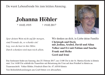 Traueranzeige von Johanna Höhler von Trauerportal Rhein Main Presse