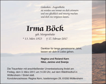 Traueranzeige von Irma Böck von  Kreisanzeiger