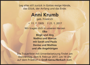 Traueranzeige von Anni Krumb von Trauerportal Echo Online