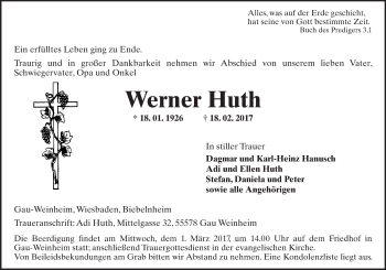 Traueranzeige von Werner Huth von Trauerportal Rhein Main Presse