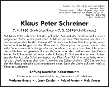Traueranzeige von Klaus Peter Schreiner von Trauerportal Rhein Main Presse