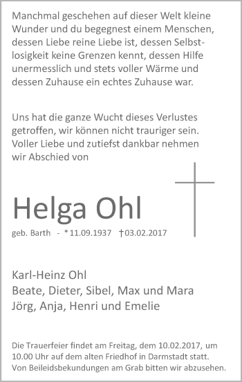 Traueranzeige von Helga Ohl von Trauerportal Echo Online