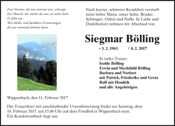 Traueranzeige von Siegmar Bölling von  Kreisanzeiger