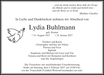 Traueranzeige von Lydia Buhlmann von  Usinger Anzeiger