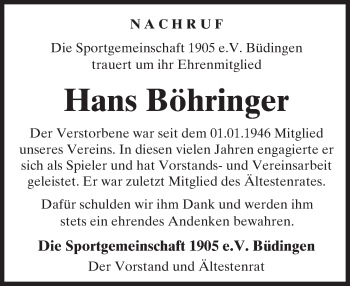 Traueranzeige von Hans Böhringer von  Kreisanzeiger