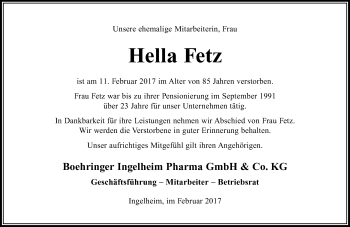 Traueranzeige von Hella Fetz von Trauerportal Rhein Main Presse