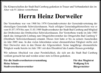 Traueranzeige von Heinz Dorweiler von  Camberger Anzeiger