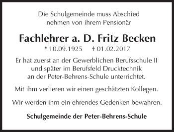 Traueranzeige von Fritz Becken von Trauerportal Echo Online