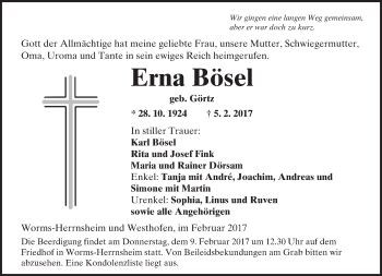Traueranzeige von Erna Bösel von Trauerportal Rhein Main Presse