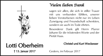 Traueranzeige von Lotti Oberheim von  Kreisanzeiger