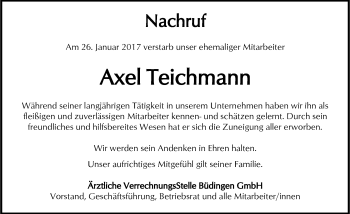 Traueranzeige von Axel Teichmann von  Kreisanzeiger