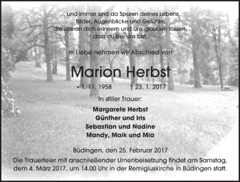 Traueranzeige von Marion Herbst von  Kreisanzeiger