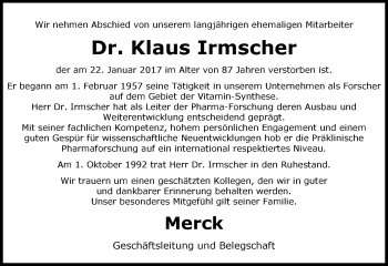 Traueranzeige von Klaus Irmscher von Trauerportal Echo Online