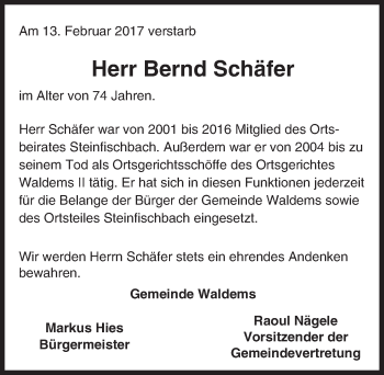 Traueranzeige von Bernd Schäfer von Trauerportal Rhein Main Presse