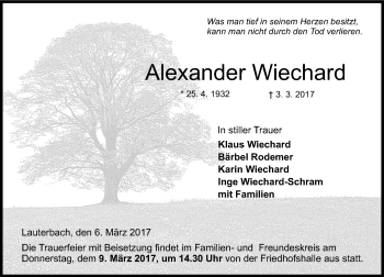 Traueranzeige von Alexander Wiechard von VRM Trauer