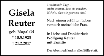 Traueranzeige von Gisela Reuter von Trauerportal Rhein Main Presse