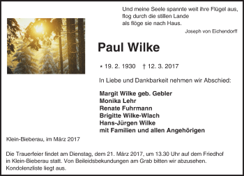 Traueranzeige von Paul Wilke von Trauerportal Echo Online