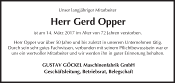 Traueranzeige von Gerd Opper von Trauerportal Echo Online