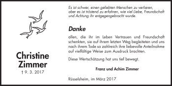 Traueranzeige von Christine Zimmer von Trauerportal Rhein Main Presse