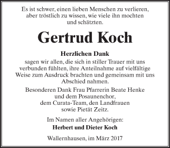 Traueranzeige von Gertrud Koch von  Kreisanzeiger
